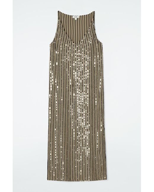 cos gold dress COS Striped Sequinned Slip Dress in Natural