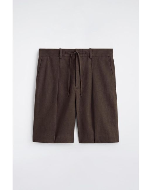 COS Brown Pleated Linen Drawstring Shorts for men