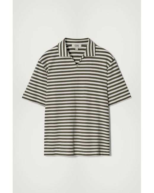COS Gray Open-Collar Striped Terry Polo Shirt for men