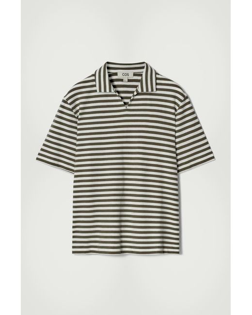 COS Gray Open-Collar Striped Terry Polo Shirt for men