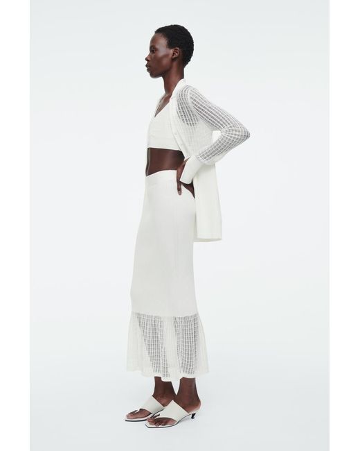 COS White Lace-Stitch Ribbed-Knit Midi Skirt