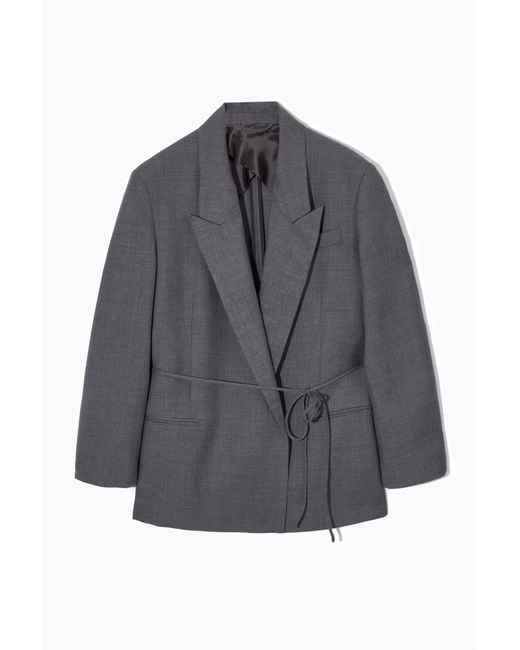 COS Gray Belted Double-breasted Wool Blazer