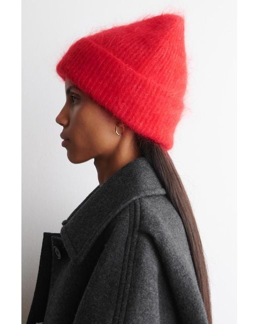 COS Red Ribbed Mohair Beanie