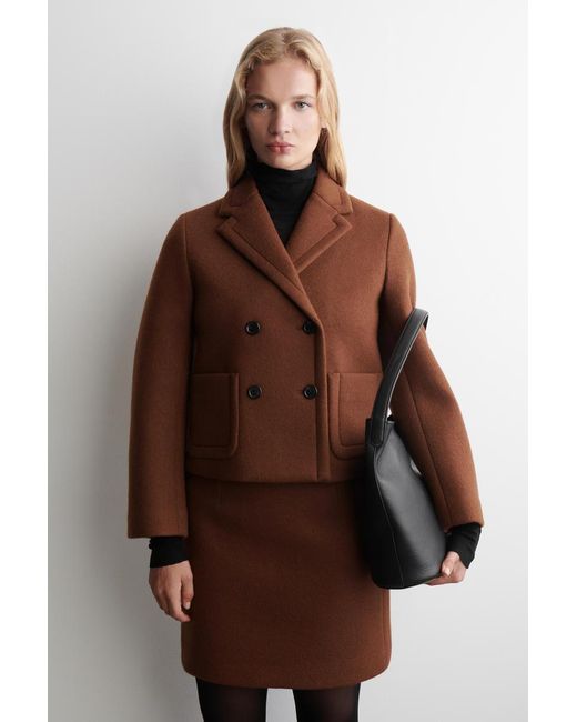 COS Brown Cropped Double-Breasted Wool Blazer