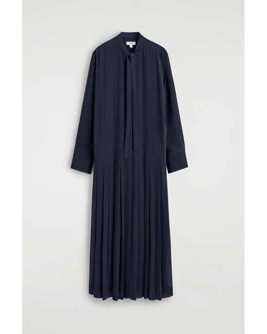 COS Blue Pleated Bow-Detail Midi Shirt Dress