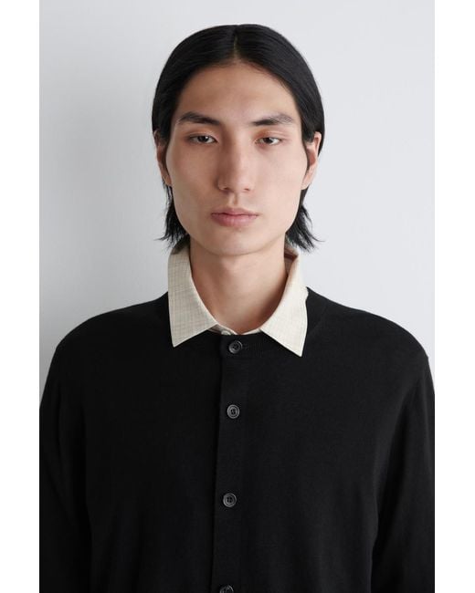 COS Black Merino Wool Crew-Neck Cardigan for men