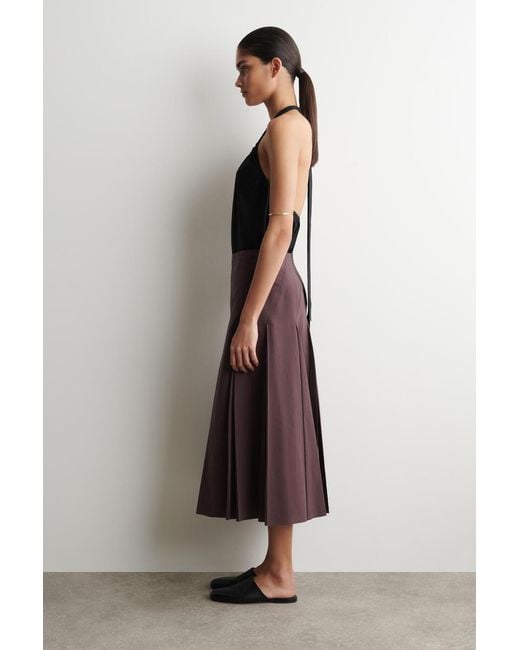 COS Brown Pleated Cotton-Linen Midi Skirt