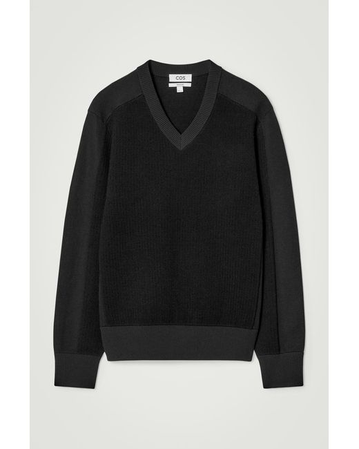 COS Black Paneled Wool V-neck Sweater for men