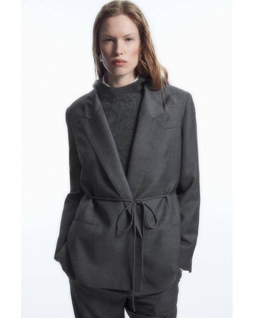 COS Gray Belted Double-breasted Wool Blazer