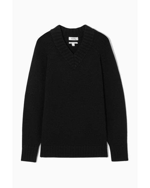 COS Black Chunky Pure Cashmere V-neck Jumper