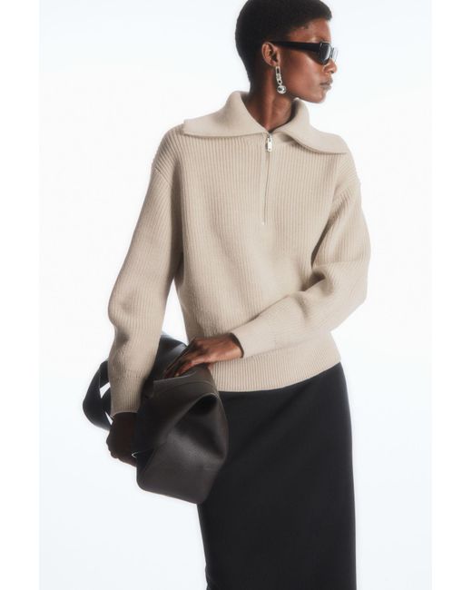 COS Wool And Cotton Half-zip Sweater in Natural | Lyst