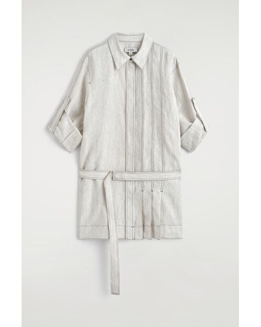 COS Gray Belted Pleated Linen Mini Shirt Dress