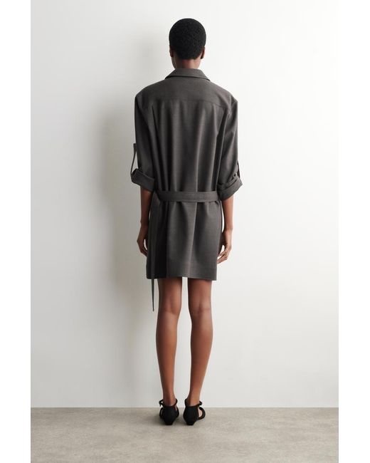 COS Gray Half-Pleated Wool Mini Shirt Dress