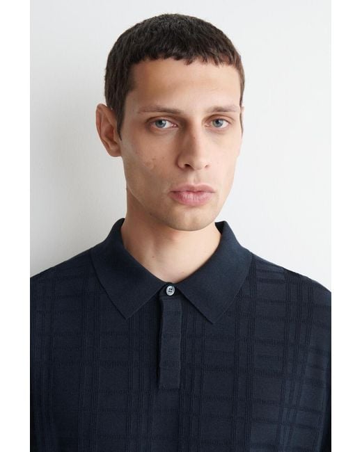 COS Blue Checked Jacquard-Knit Polo Shirt for men