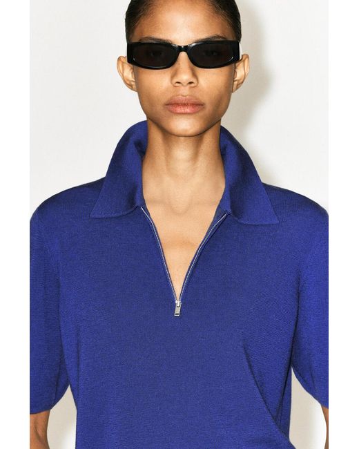 COS Blue Merino Wool Zip-Up Polo Shirt