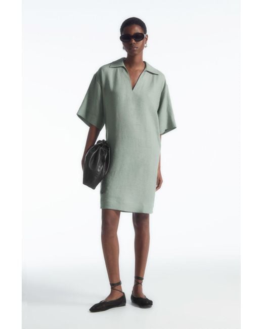 COS Green Open-collar Linen Shirt Dress