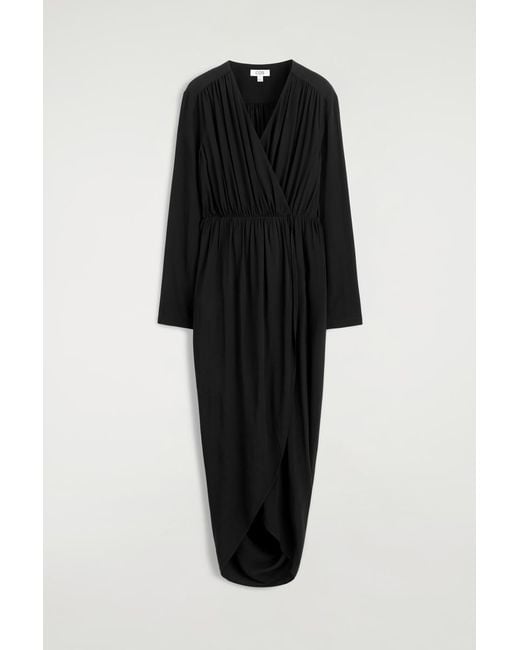 COS Black Gathered Midi Wrap Dress