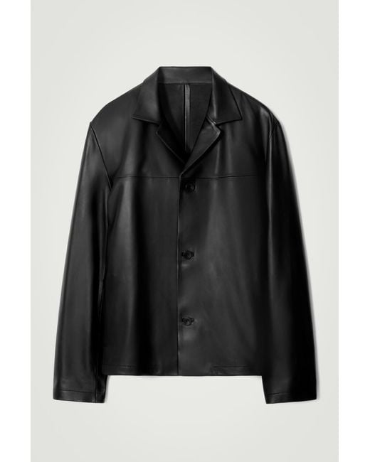 COS Black Camp-Collar Leather Jacket for men