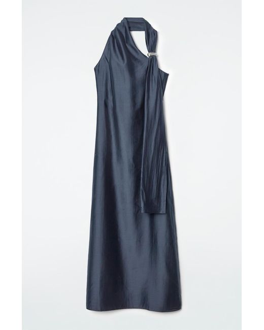 COS Asymmetric Brooch-detail Maxi Dress in Blue | Lyst