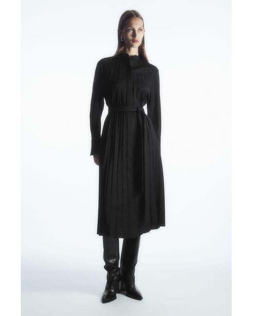 COS Black Pleated Wool-blend Shirt Dress