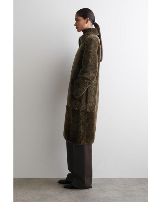 COS Green Leather-Bonded Shearling Long Coat
