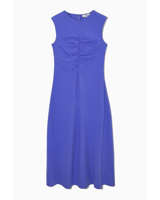 COS Cotton Slim-fit Gathered Midi Dress in Blue | Lyst