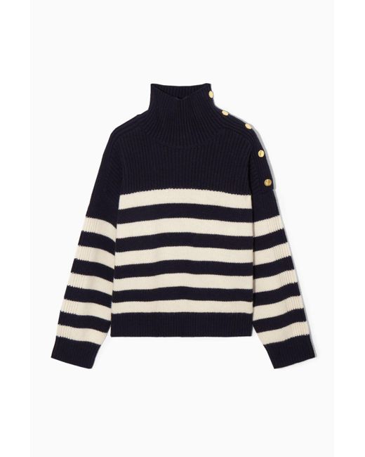 COS Blue Button-embellished Striped Wool Jumper