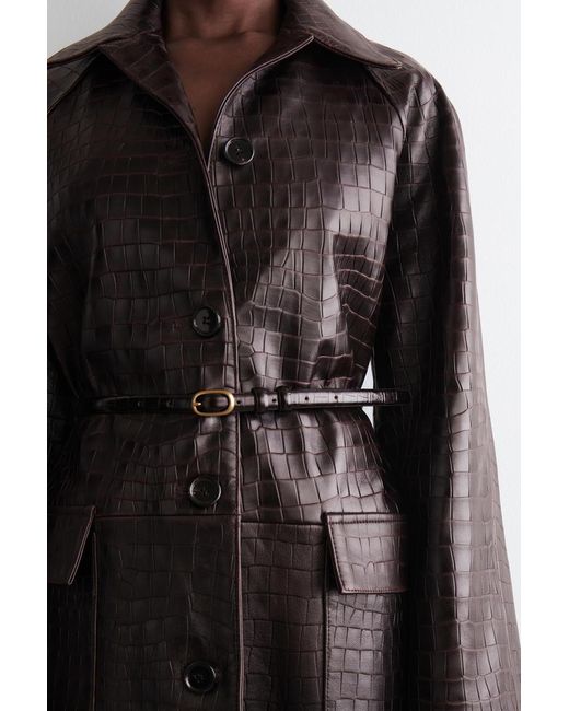 COS Black Croc-Effect Leather Long Coat