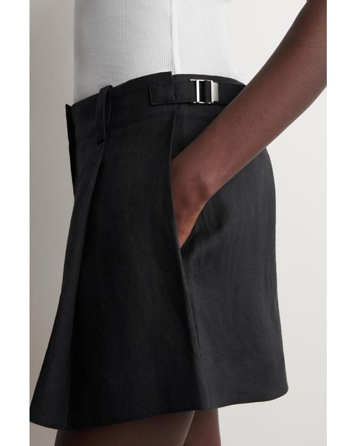 COS Black Pleated Belted Linen Shorts