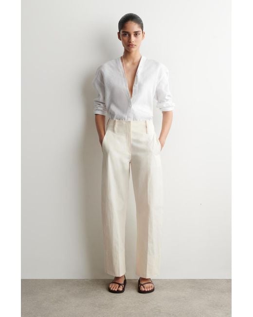 COS Blue Button-Detail Linen V-Neck Shirt