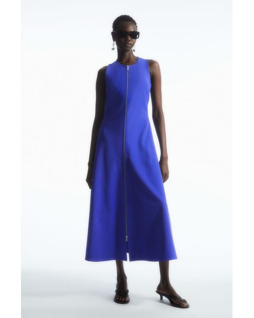 COS Blue Flared Zip-up Midi Dress