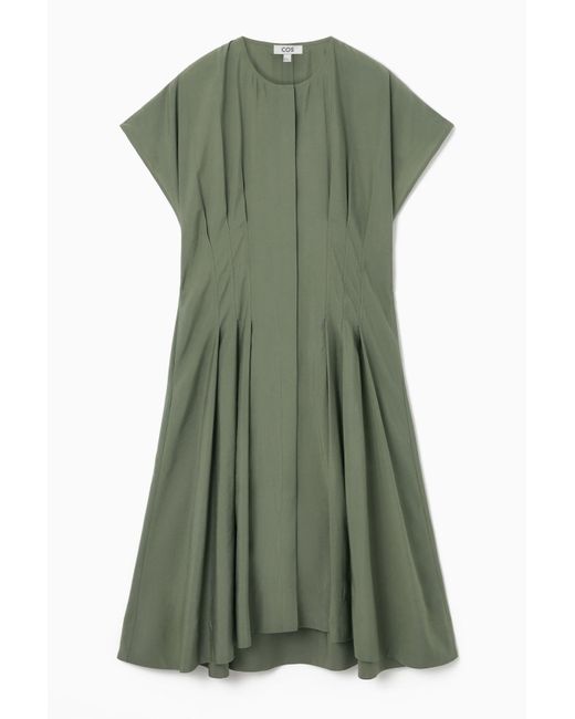 COS Green Waisted Pleated Midi Dress