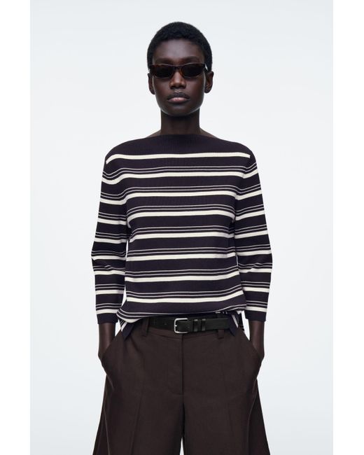 COS Blue Boat-Neck Striped Cotton Jumper