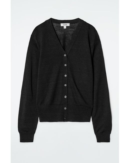COS Black Merino Wool-Linen Blend V-Neck Cardigan