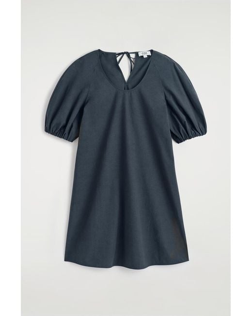 COS Blue Puff-Sleeve Cotton Mini Dress