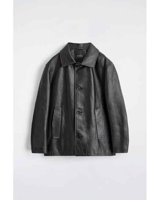 COS Black Burnished-Leather Jacket for men