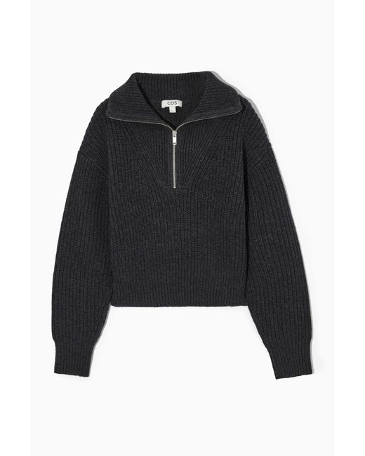 COS Black Wool And Cotton Half-zip Jumper