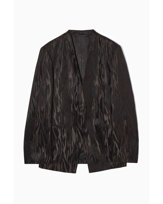 COS Black Relaxed Collarless Zebra-jacquard Blazer