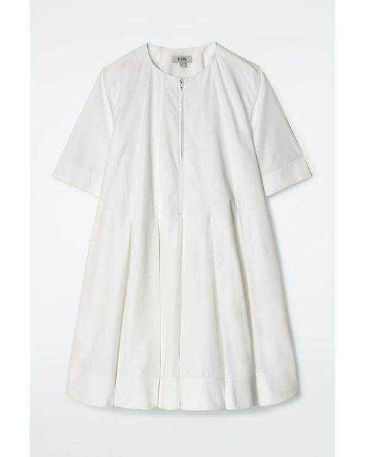 COS Pleated Zip-Up Cotton Mini Dress in White