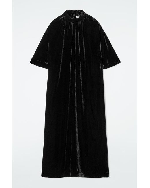 COS Black Gathered Silk-blend Velvet Midi Dress