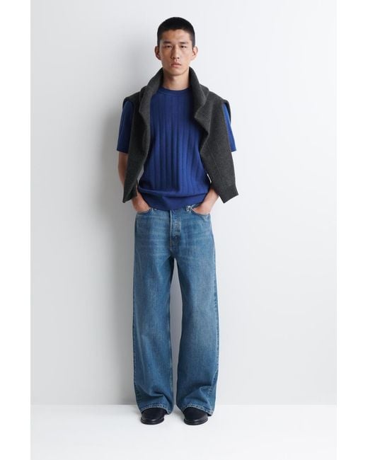 COS Blue Ribbed Merino Wool-Cotton T-Shirt for men