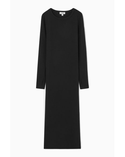 COS Black Ribbed Long-sleeved Midi Dress