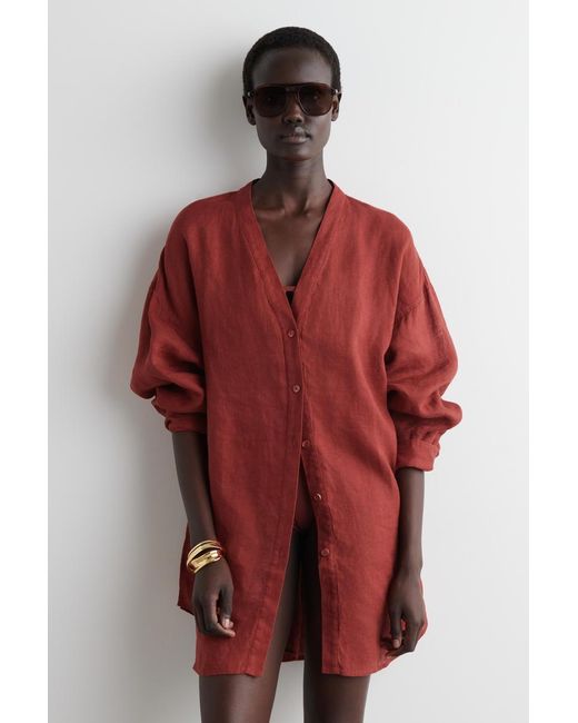 COS Red Oversized-Hemd Aus Leinen Mit V-Ausschnitt