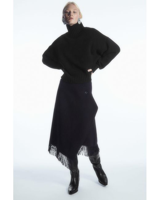 COS Blue Fringed Wool Midi Wrap Skirt
