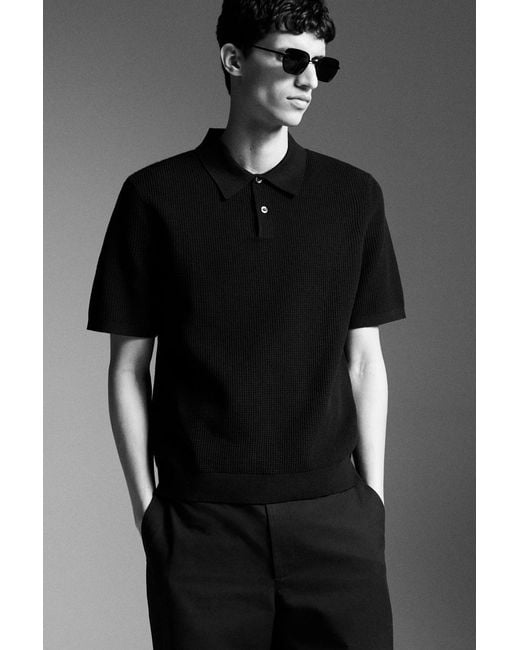 COS Black Waffle-Knit Cotton Polo Shirt for men