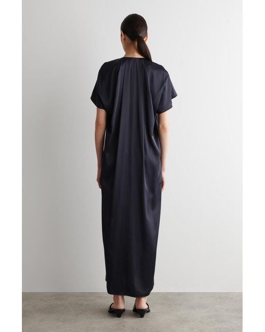 COS Blue Pleated Satin Midi Dress