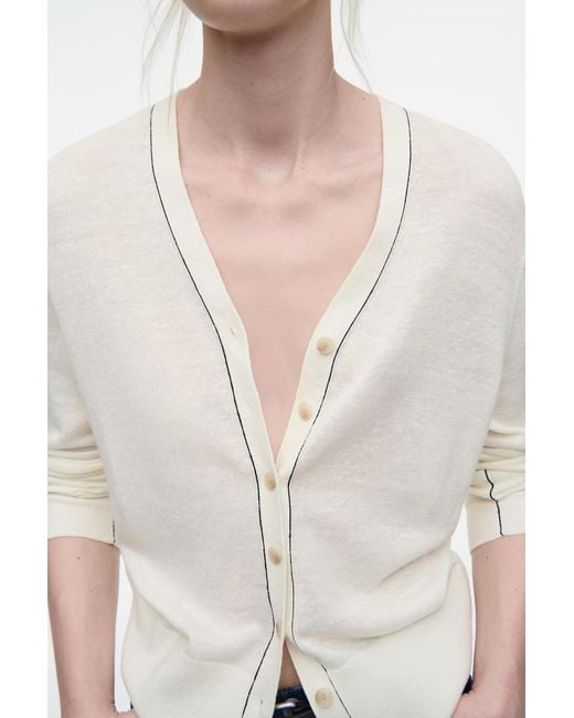 COS White Merino Wool-Linen Blend V-Neck Cardigan