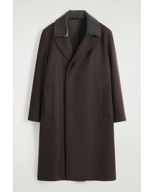 COS Black Leather-Collar Wool Long Coat for men