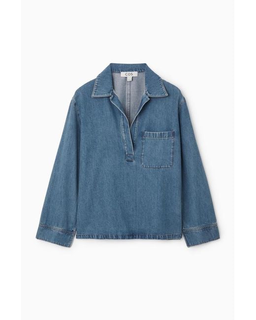 COS Blue Collared V-neck Denim Top
