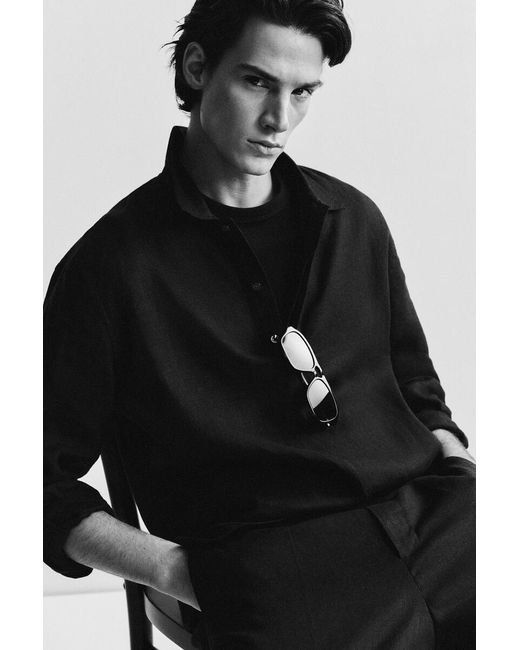 COS Black Linen Popover Shirt for men